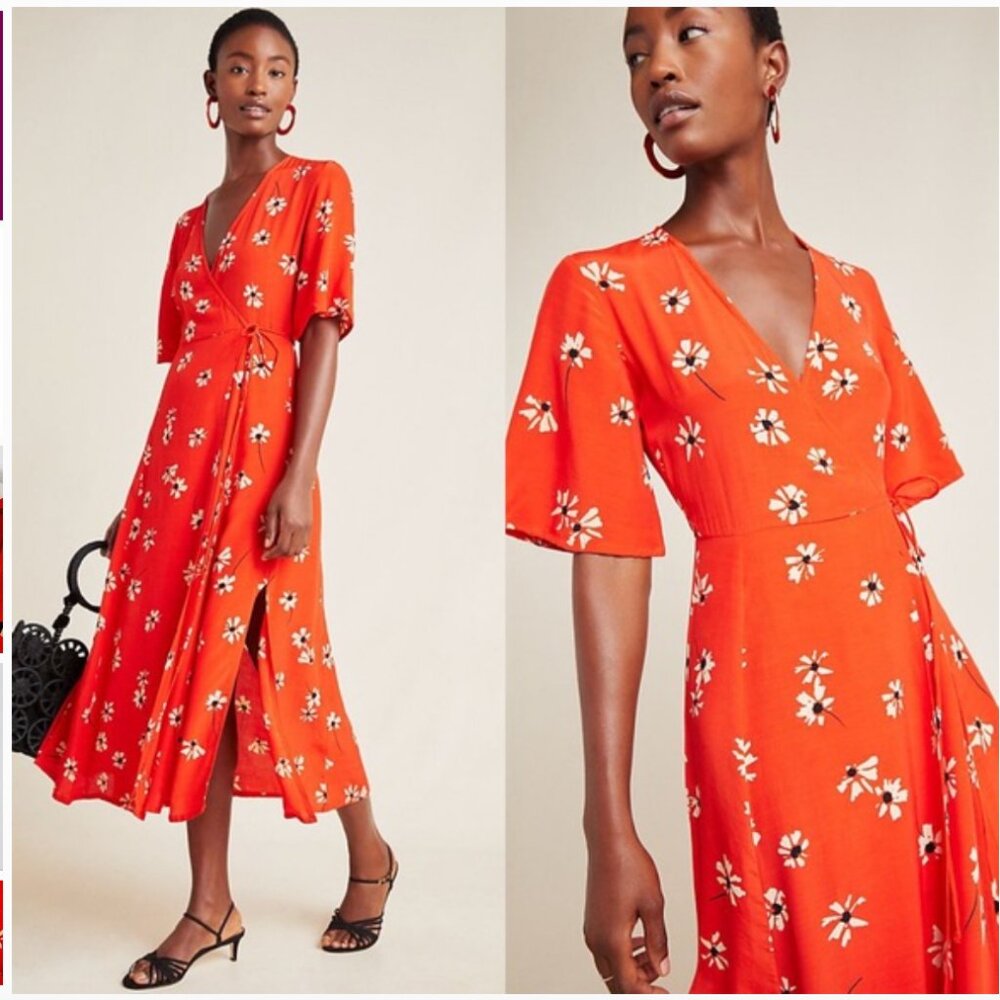 Faithfull the Brand x Anthropologie Rivera Red Floral Wrap Midi Dress Women's 4